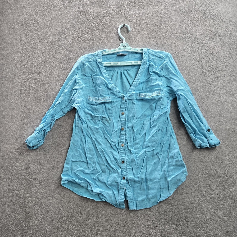 JM Collection Women Button Up Shirt 12 Blue Cotton Linen Studded V-Neck READ